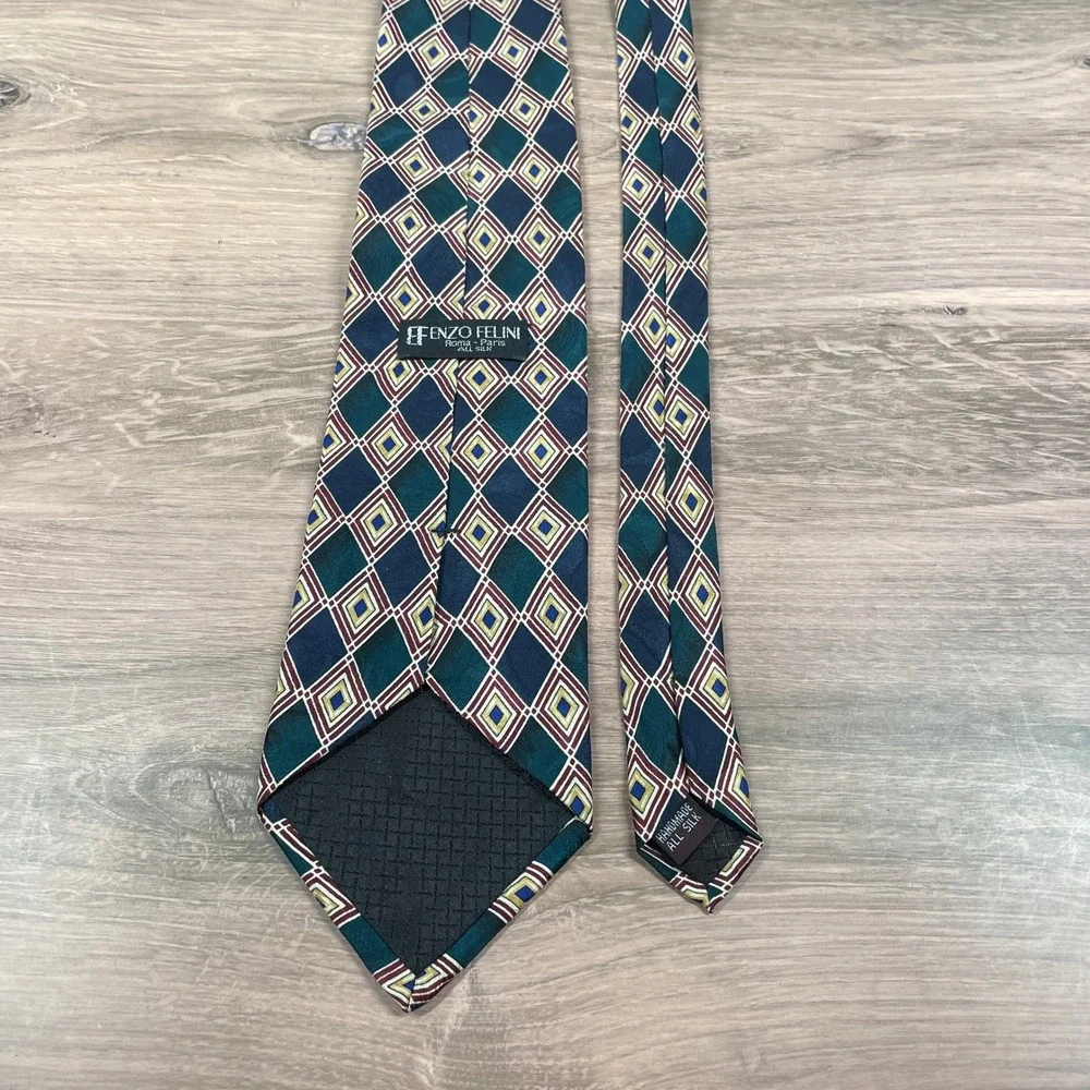 ENZO FELINI Paris Mens Handmade Silk Tie Navy Green Gold Diamond Pattern Formal